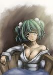  alternate_breast_size bad_id bad_pixiv_id bare_shoulders breasts bucket cleavage edwardkey green_eyes green_hair hair_bobbles hair_ornament in_bucket in_container japanese_clothes kisume large_breasts off_shoulder older short_hair short_twintails touhou twintails water wooden_bucket 
