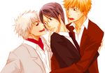  3boys black_hair black_sclera bleach blush glasses hug ishida_uryuu kurosaki_ichigo male male_focus multiple_boys orange_hair shirosaki_hichigo shirosaki_ichigo threesome white_hair yaoi 