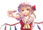  ascot blonde_hair cracker face feeding flandre_scarlet food foreshortening hands hat jpeg_artifacts looking_at_viewer pov_feeding red_eyes simple_background smile solo sukocchi touhou upper_body wings 