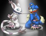  2018 anthro bdsm bondage bound canid canine digimon digimon_(species) duo english_text fangs feet felid feline fur gag gaomon gatomon kneeling looking_back mammal nude raptorroper tail_bondage text 