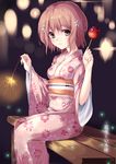  bad_id bad_pixiv_id brown_hair candy_apple copyright_name fireworks flower food hair_flower hair_ornament hanasaku_iroha itsui_(dihydrogenmonoxid) japanese_clothes kimono matsumae_ohana senkou_hanabi short_hair sitting solo sparkler 