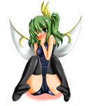  bad_id bad_pixiv_id black_legwear blush cameltoe covering_mouth daiyousei green_eyes green_hair highres one_eye_closed school_swimsuit side_ponytail sitting solo swimsuit tera_hiroshi thighhighs touhou wings 