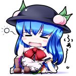  blue_hair bow closed_eyes dress food fruit hat hinanawi_tenshi long_hair open_mouth peach ribbon sitting solo tears touhou tsubasa_(abchipika) yawning 