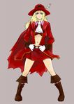  belt blonde_hair blue_eyes boots coat cosplay female final_fantasy final_fantasy_iv gloves hands_on_hips hat highres long_hair midriff miniskirt open_clothes open_coat red_mage red_mage_(cosplay) ronaud470 rosa_farrell skirt solo trench_coat trenchcoat white_gloves 