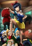  black_hair blue_eyes bow breasts detached_sleeves dress dwarf female frown hair_bow high_heels highres original otosama short_hair snow_white snow_white_and_the_seven_dwarfs 