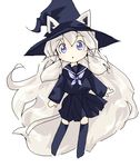  absurdly_long_hair animal_ear_fluff animal_ears bangs big_hair black_legwear black_sailor_collar black_serafuku black_shirt black_skirt blonde_hair blue_eyes blush cat_ears cat_girl cat_tail chibi commentary_request ears_through_headwear full_body hat long_hair long_sleeves looking_at_viewer lowres medium_skirt moku no_shoes oekaki original pleated_skirt raised_eyebrows sailor_collar school_uniform serafuku shirt sidelocks simple_background sketch_eyebrows skirt solo tail tareme thighhighs triangle_mouth very_long_hair whiskers white_background witch_hat zettai_ryouiki 