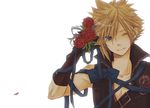  bad_id bad_pixiv_id blonde_hair blue_eyes bow cloud_strife final_fantasy final_fantasy_vii flower male_focus one_eye_closed petals ribbon rose shichimiso simple_background solo striped white_background 