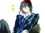  blazer blue_eyes brown_hair helmet jacket male_focus necktie sacred_seven school_uniform solo tandouji_alma warakusa 