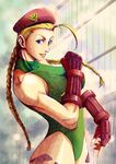  amawa_kazuhiro antenna_hair beret blonde_hair blue_eyes braid cammy_white camouflage crest fingerless_gloves gauntlets gloves green_leotard hat highres leotard lips long_hair muscle nose solo street_fighter street_fighter_iv_(series) twin_braids 