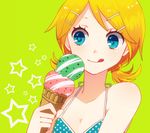  :q aqua_eyes bad_id bad_pixiv_id blonde_hair food hair_ornament hairclip ice_cream kagamine_rin monaco_(rmn02) short_hair smile solo tongue tongue_out vocaloid 