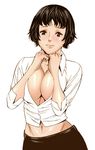  black_hair breast_squeeze breasts brown_eyes capcom cleavage devil_may_cry devil_may_cry_3 dress_shirt female hori_(pixiv2965616) lady lady_(devil_may_cry) large_breasts lowres midriff shirt short_hair solo white_shirt 