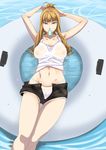  arms_up blonde_hair breasts brown_eyes cutoffs denim denim_shorts food innertube jack_hamster large_breasts long_hair magical_grim mouth_hold navel nipples original panties ponytail popsicle see-through shorts solo underwear unzipped water wet wet_clothes 
