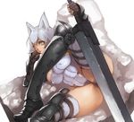  animal_ears armor asanuma bad_id bad_pixiv_id breasts chin_rest fantasy_earth_zero fingerless_gloves gloves greaves large_breasts lying on_side silver_hair solo spread_legs sword thighhighs vambraces weapon yellow_eyes 