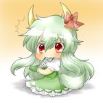  1girl bad_id bad_pixiv_id blush chibi dress eating ex-keine green_dress horn_ribbon horns kamishirasawa_keine long_hair rebecca_(keinelove) red_eyes ribbon scroll silver_hair sitting solo surprised tail touhou wavy_mouth 