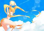  aji_nashi_(dress) arms_up ass bad_id bad_pixiv_id blonde_hair bow choker cloud cure_sunshine day hair_ribbon heart heartcatch_precure! instrument long_hair magical_girl midriff myoudouin_itsuki navel orange_bow orange_choker precure ribbon shiny_tambourine skirt sky solo tambourine twintails yellow_bow yellow_eyes 