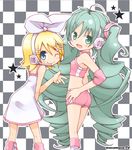  blonde_hair checkered checkered_background dress green_eyes green_hair hair_ornament hair_ribbon hairclip hand_on_hip hatsune_miku headphones headset kagamine_rin kuro_(kuroneko_no_kanzume) long_hair looking_back midriff multiple_girls one_eye_closed ribbon short_hair sink smile twintails v very_long_hair vocaloid 