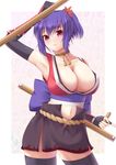  alternate_costume arm_up armpits bad_id bad_pixiv_id black_legwear blue_hair blush breasts choker cleavage collarbone fingerless_gloves gloves hair_up japanese_clothes large_breasts meropan navel ninja obi ponytail purple_eyes rope sash short_hair skirt smile solo thighhighs tonfa touhou weapon yasaka_kanako zettai_ryouiki 