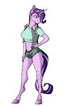  akweer anthro anthrofied breasts butt clothed clothing cutie_mark equine female friendship_is_magic hair hand_on_hip hi_res hooves horn looking_aside mammal multicolored_hair my_little_pony open_vest pose purple_eyes purple_hair shirt shorts simple_background solo standing starlight_glimmer_(mlp) tight_clothing two_tone_hair unicorn vest 