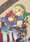  arumu blonde_hair blue_eyes blue_hair book cape earrings fire_emblem fire_emblem:_fuuin_no_tsurugi fire_emblem:_monshou_no_nazo gloves grin hat jewelry link male_focus marth multiple_boys one_eye_closed pointy_ears red_hair roy_(fire_emblem) smile super_smash_bros. the_legend_of_zelda the_legend_of_zelda:_ocarina_of_time translated v 