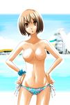  bikini bikini_bottom breasts brown_eyes brown_hair hands_on_hips navel nude_filter original photoshop sakebuotoko scrunchie short_hair side-tie_bikini swimsuit topless water 