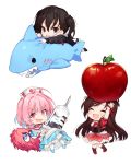  3girls ahoge apple bangs black_eyes black_hair black_jacket black_sweater blue_hair blush bow brown_hair brown_legwear chibi choker closed_mouth collar commentary_request corset dress eyebrows_visible_through_hair eyes_closed face_mask fang food frilled_dress frills fruit green_ribbon hair_between_eyes heart highres holding idolmaster idolmaster_cinderella_girls jacket kneehighs long_hair looking_at_viewer lying mask mask_pull mole mole_under_eye multicolored_hair multiple_girls necktie open_mouth pantyhose pink_eyes pink_hair puffy_short_sleeves puffy_sleeves red_bow ribbon shark sharp_teeth shoes short_hair short_sleeves simple_background smile socks standing stuffed_animal stuffed_shark stuffed_toy sunazuka_akira surgical_mask sweater syringe takotsu teeth tsujino_akari twintails two-tone_hair white_background white_legwear wrist_cuffs yumemi_riamu 