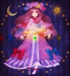  blush book crescent dress floating glowing hat levitation long_hair looking_at_viewer open_book open_mouth patchouli_knowledge purple_eyes purple_hair solo star striped sun_(symbol) touhou vertical_stripes yujup 