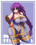  1girl afuro areola areolae bare_shoulders braid breasts cosplay erect_nipples faris_scherwiz female final_fantasy final_fantasy_v green_eyes hips huge_breasts large_breasts long_hair monk monk_(fft) mound_of_venus open_mouth plump purple_hair see-through solo standing sweat wide_hips 