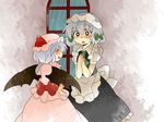  ascot bad_id bad_pixiv_id blue_eyes braid closed_eyes comic demon_wings hair_ribbon hammer_(sunset_beach) hand_on_hip hands_on_own_chest hat izayoi_sakuya maid_headdress multiple_girls open_mouth remilia_scarlet ribbon short_hair silent_comic silver_hair smile touhou twin_braids window wings 