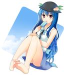  :o adapted_costume bare_legs bare_shoulders barefoot blue_hair collarbone feet food fruit garigarigari hat highres hinanawi_tenshi legs long_hair open_mouth peach popsicle red_eyes sitting skirt soles solo touhou 