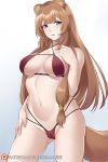  animal_ears aslindsamure bangs bikini blush breasts brown_hair curvaceous eyebrows eyebrows_visible_through_hair hair_between_eyes hand_on_chest hand_on_hip high_resolution highres hips large_breasts light_blush long_hair mound_of_venus pink_eyes presenting presenting_self raccoon_ears raccoon_tail raphtalia red_bikini standing swimsuit tail tate_no_yuusha_no_nariagari thighs 