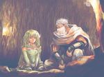  1boy 1girl cave crouch edward_geraldine final_fantasy final_fantasy_iv gauntlets gloves green_eyes green_hair half_mask lowres mask ninja rydia squatting 