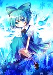  absurdres aqua_hair bad_id bad_pixiv_id blue blue_eyes blue_hair blush bow cirno dress frills gradient_hair hair_bow highres ice kusada_souta light_smile looking_at_viewer multicolored_hair no_pupils short_hair sitting solo touhou wings 