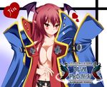  bad_id bad_pixiv_id bat_wings black_panties blazblue blush breasts cape cleavage coat cosplay crossover eien_no_kurayami garters head_wings heart highres jin_kisaragi jin_kisaragi_(cosplay) koakuma large_breasts logo long_coat military military_uniform naked_coat naughty_face no_bra panties pointy_ears red_eyes red_hair robe touhou underwear uniform wings 