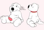  absurd_res balls blush brian_griffin butt butt_pose canid canine clothed clothing collar dialogue erection family_guy hi_res looking_at_viewer male mammal moobs nude penis sitting slightly_chubby solo squint sushibroadcast 