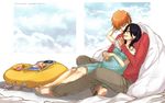  barefoot black_hair bleach cellphone clouds couple eyes_closed inoue_orihime kuchiki_rukia kurosaki_ichigo magazine orange_hair pants pregnant shirt smile spikey_hair 