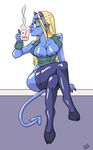  blue_skin breasts coffee_mug corruption_of_champions cup demon eyewear female glasses hair horn inkasylum legwear nipple_slip nipples secretary simple_background solo spade_tail succubus succubus_secretary_(coc) tail thigh_highs 