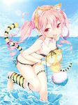  :d absurdres animal_ears animal_print bad_id bad_yandere_id ball barefoot beachball bikini breasts buriki cleavage collar colored_eyelashes day drill_hair fake_animal_ears fang front-tie_top highres kotora_(toranoana) open_mouth original outdoors pink_eyes pink_hair ribbon side-tie_bikini small_breasts smile solo stuffed_animal stuffed_toy swimsuit tail tail_ribbon thigh_strap tiger_print tiger_tail toranoana twintails wading wardrobe_malfunction water 