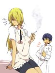  1girl bad_id bad_pixiv_id blonde_hair blue_hair blush cigarette closed_eyes genderswap genderswap_(mtf) hair_over_one_eye long_hair open_mouth satou_jun short_hair smile smoke smoking souma_hiroomi thumbs_up waitress working!! yanagida_fumita 