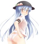  ass blue_hair blush food from_behind fruit hat hinanawi_tenshi long_hair looking_back no_pants open_mouth panties peach pink_eyes ran_(9ens2000) simple_background solo touhou underwear very_long_hair white_background white_panties 