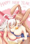  animal_ears bare_legs bare_shoulders breasts brown_hair bunny_girl bunny_tail bunnysuit character_request cleavage fishnet_pantyhose fishnets highres huge_breasts long_hair multiple_girls pantyhose pokemon sumeshi tail white_hair 