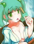 alternate_breast_size bare_shoulders breasts bucket cleavage food green_eyes green_hair hair_bobbles hair_ornament henry-ikustodam highres hot in_bucket in_container kisume large_breasts off_shoulder older popsicle saliva saliva_trail solo sweat touhou twintails wooden_bucket 