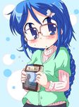  blue_eyes blue_hair blush book book_hug braid geetsu glasses hair_ornament hairpin holding holding_book oekaki original pink-framed_eyewear single_braid solo 