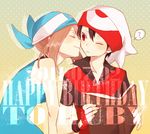  1girl 2011 ? bandana bare_shoulders black_hair book brown_hair character_name cheek_kiss closed_eyes couple dated fingerless_gloves gloves happy_birthday hat hetero holding holding_book io_(sinking=carousel) kiss odamaki_sapphire one_eye_closed open_book pokemon pokemon_special red_eyes ruby_(pokemon) short_hair sleeveless wristband 