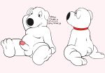  absurd_res balls blush brian_griffin butt butt_pose canid canine clothed clothing collar dialogue erection family_guy hi_res humanoid_penis looking_at_viewer male mammal moobs nude penis precum sitting slightly_chubby solo squint sushibroadcast 