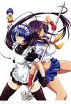  absurdres blue_eyes blue_hair chibi eyepatch gloves headdress highres ikkitousen kan'u_unchou long_hair low-tied_long_hair maid multiple_girls purple_hair rin-sin ryomou_shimei scan school_uniform short_hair thighhighs 