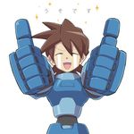  aka_(s3637) brown_hair closed_eyes commentary_request crying male_focus open_mouth rock_volnutt rockman rockman_dash smile solo sparkle t_t tears thumbs_up translated uso_desu 