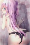  1girl ass bangs black_panties blue_eyes blush breasts commentary_request eyebrows_visible_through_hair finger_licking fingernails hair_between_eyes hand_up highres kouda_suzu licking long_hair medium_breasts original panties profile purple_hair solo tile_wall tiles tongue tongue_out topless underwear underwear_only very_long_hair wet wet_hair 