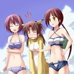  animal_ears bikini breasts brown_hair closed_eyes cloud costume day denim denim_shorts infinite_stratos long_hair medium_breasts midriff multiple_girls navel nohotoke_honne open_mouth shorts sky smile sweatdrop swimsuit tanimoto_yuzu toshihiro twintails yellow_eyes yorutake_sayuka 