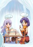  blush chopsticks cloud_over_head food food_on_face ice kawagoe_pochi lavender_hair long_hair mouth_hold multiple_girls open_mouth pot professor_(ragnarok_online) purple_eyes purple_hair ragnarok_online rice scarf short_hair siroma sitting tongue yellow_eyes 