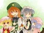  ascot bad_id bad_pixiv_id blonde_hair bow closed_eyes comic flandre_scarlet hair_bow hammer_(sunset_beach) hand_behind_head hat hong_meiling izayoi_sakuya lavender_hair maid maid_headdress multiple_girls nudge red_eyes remilia_scarlet short_hair side_ponytail silent_comic silver_hair smile star touhou wings 